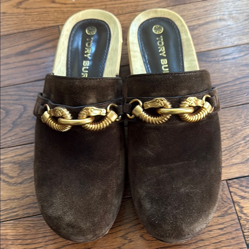 Tory Burch Brown Mules with Gold Chain